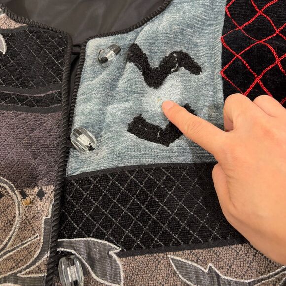 VTG Red Gray Chenille Embroidered Patchwork Jacket Womens XL Artsy 80s Abstract - Picture 10 of 11